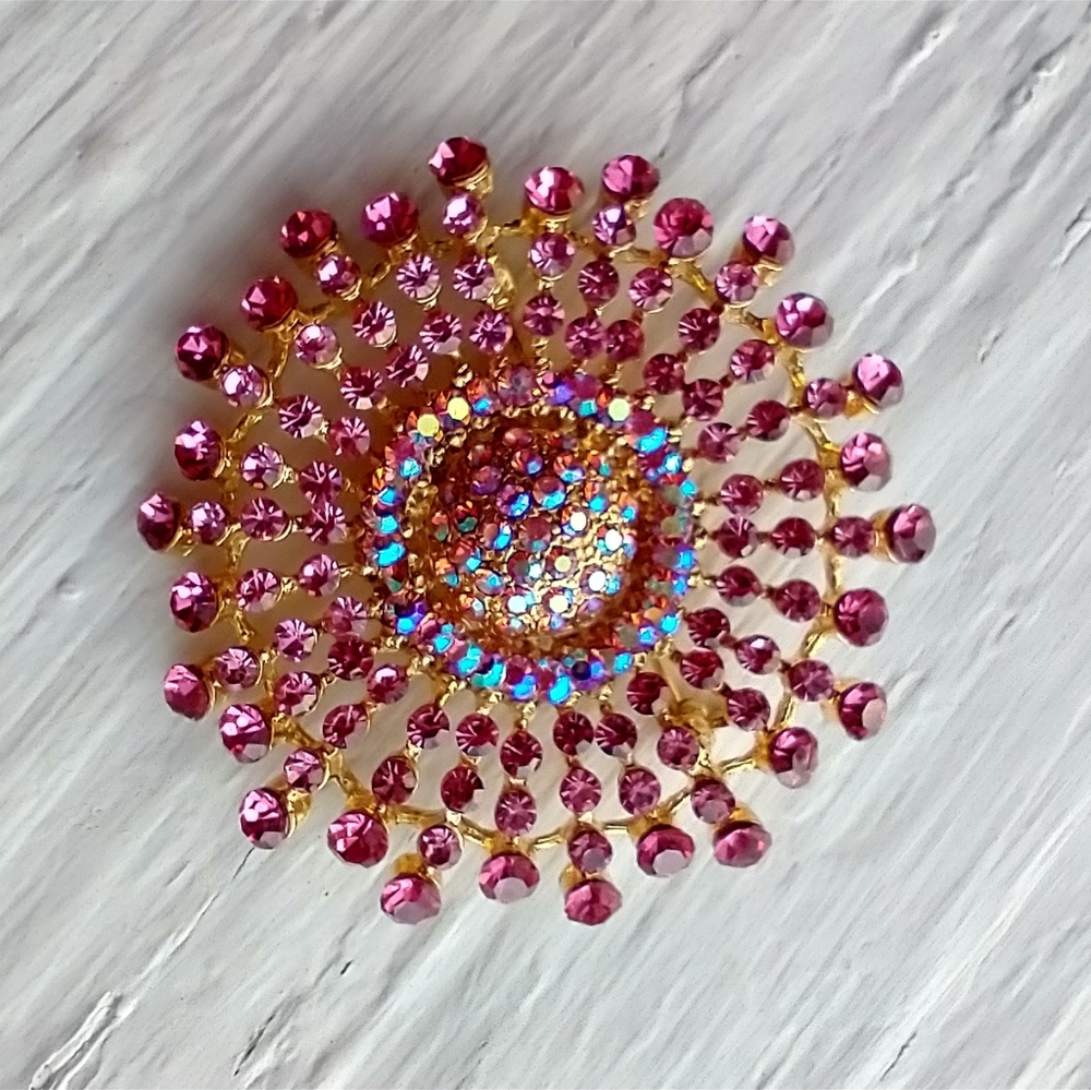 Rhinestone Gold Tone Pink Rosette Brooch